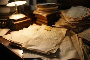 Stack of old handwritten paper documents illuminated by a desk lamp