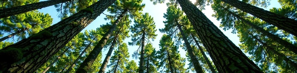 Fototapeta premium Towering trees with moss-covered trunks and branches stretching towards blue sky, woodlands, trees, foliage