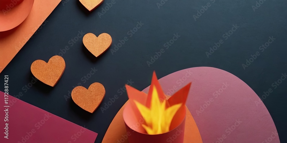 Poster a paper heart with a flame on it is surrounded by other paper hearts