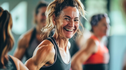 A diverse group of people engaged in an energetic fitness class, showing unity, motivation, and positive vibes for New Year health goals.