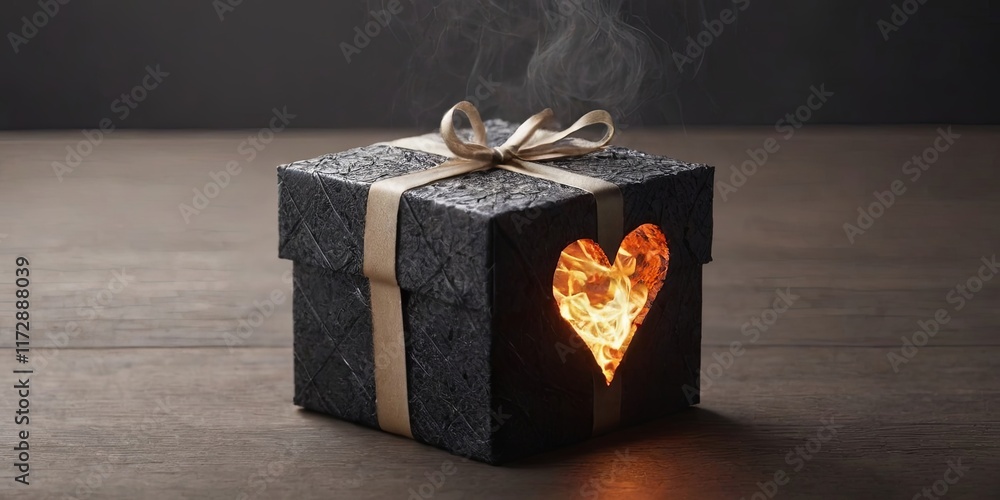 Poster A black box with a heart cut out of it and a small flame inside
