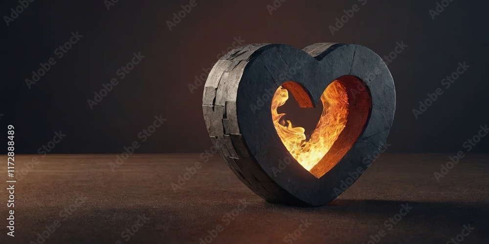 Poster a heart made of bricks with a hole in the middle and a fire burning inside