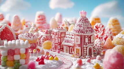 Naklejka premium A whimsical candy village featuring colorful sweets, gumdrop houses, and a sugary landscape under a bright blue sky.