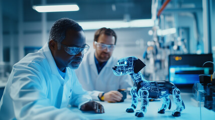 In a futuristic R&D lab, a diverse Chief Technology Officer and a software developer discuss the potential of a robot dog project. The CTO, with a forward-thinking approach, explai