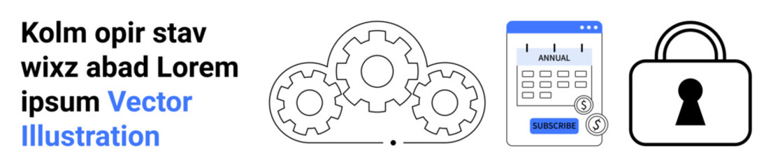 Gears, calendar, and lock icon represent efficient processes, scheduling, and security. Ideal for project management, automation, organization, cybersecurity productivity time management business