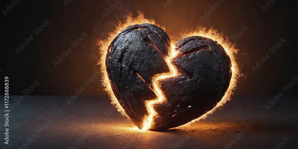 Poster a heart made of burnt wood with a broken line