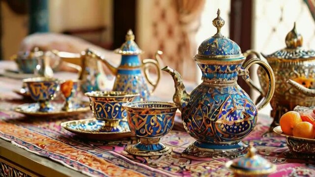 An elaborate gold tea set sits on a patterned fabric