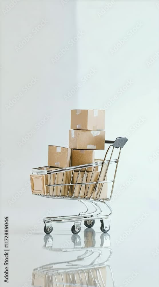 Poster small cardboard boxes inside a miniature shopping cart symbolize the ease and convenience of online 