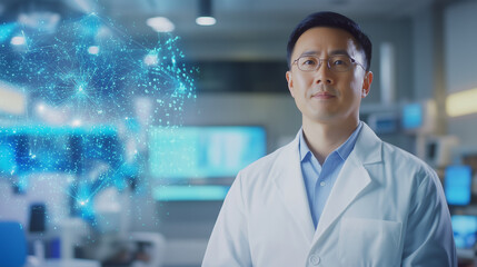 Featuring an Asian male doctor in a high-tech hospital, this image integrates visualizations of financial data and mathematical equations, representing the growing role of data sci