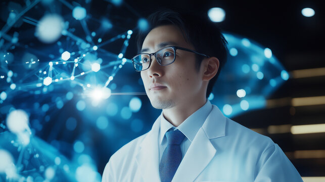 Featuring an Asian male doctor in a high-tech hospital, this image integrates visualizations of financial data and mathematical equations, representing the growing role of data sci - Powered by Adobe