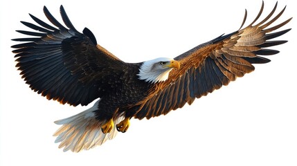 Obraz premium A majestic eagle soaring with wings spread wide against a white background.
