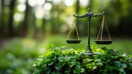 A balanced scale placed on lush green foliage, symbolizing justice and nature.