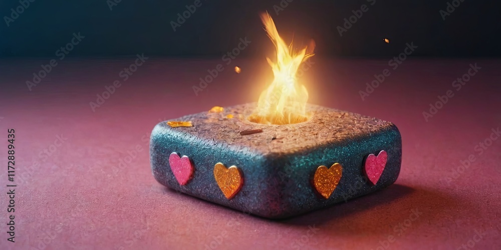 Poster a small square with three hearts on it and a fire in the middle