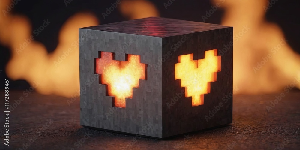 Poster A cube with two hearts on it is lit up with fire