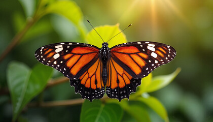 Naklejka premium Monarch Butterfly on Green Leaf with Spring Sunlight