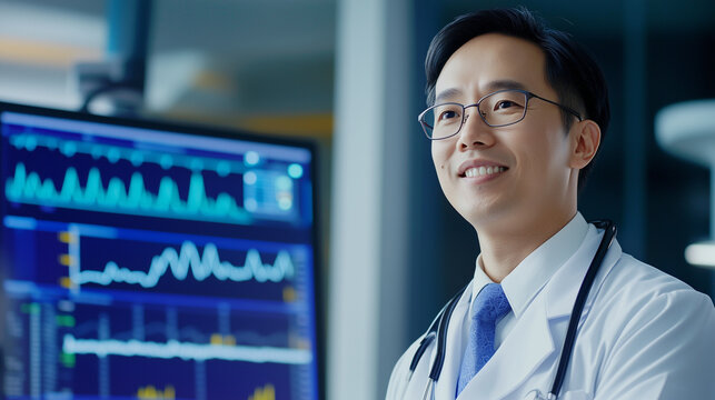 Advanced Medical Analytics: Financial and Mathematical Data Processing Over Asian Male Doctor