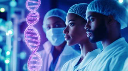 This image features a diverse group of surgeons in a state-of-the-art hospital, with a digital overlay of a DNA strand, symbolizing the importance of genetic research and data in p