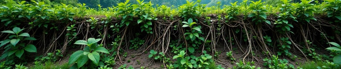 Unruly bush with tangled roots and climbing stems, vines, bushes