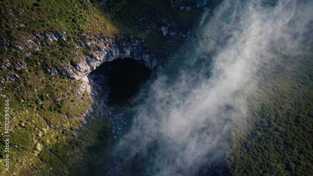 Poster Exploring a stunning cave entrance surrounded by lush greenery and misty atmosphere in a remote location