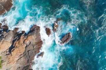Fototapeta premium Aerial view of powerful ocean waves crashing against a rugged, rocky coastline, creating a dramatic and breathtaking seascape