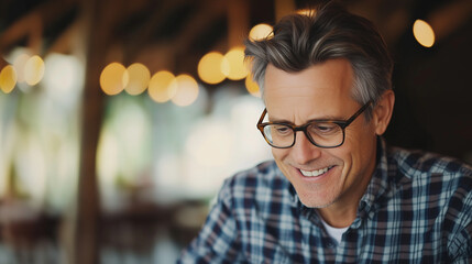 A smiling man in glasses, dressed in a plaid shirt, looks down thoughtfully, his expression calm and reflective as he contemplates something in front of him.