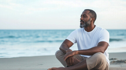 An African American man sits quietly on the beach, his posture relaxed and contemplative, with the vast ocean stretching out before him and ample copy space on either side.