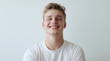 Cheerful Young Man in Relaxed Pose Wearing Simple White Shirt