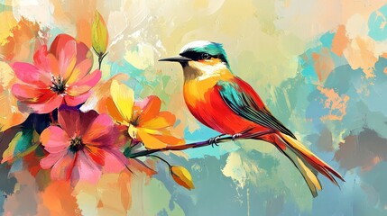 Abstract colorful oil, acrylic painting of bird and spring flower. Modern art paintings brush stroke on canvas. Illustration oil painting, animal and floral for background.