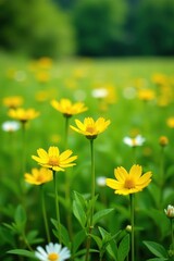 Fototapeta premium Yellow wildflowers blooming in a lush green meadow, peaceful, landscape