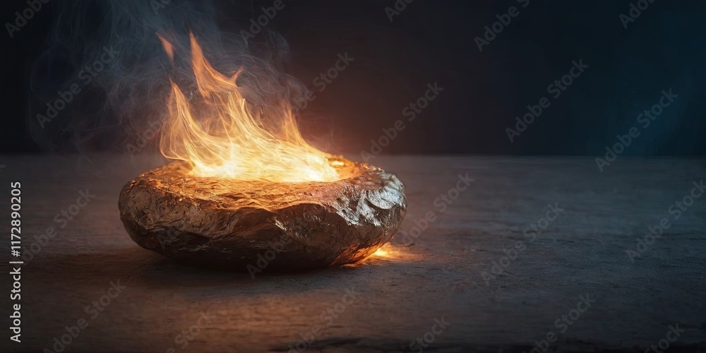 Poster a small gold object with a flame on top of it
