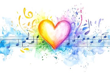 Valentine's day love in watercolor style with musical notes colorful heart art concept