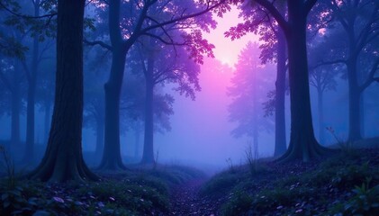 A misty forest glade bathed in a soft blue and violet light, trees, mist