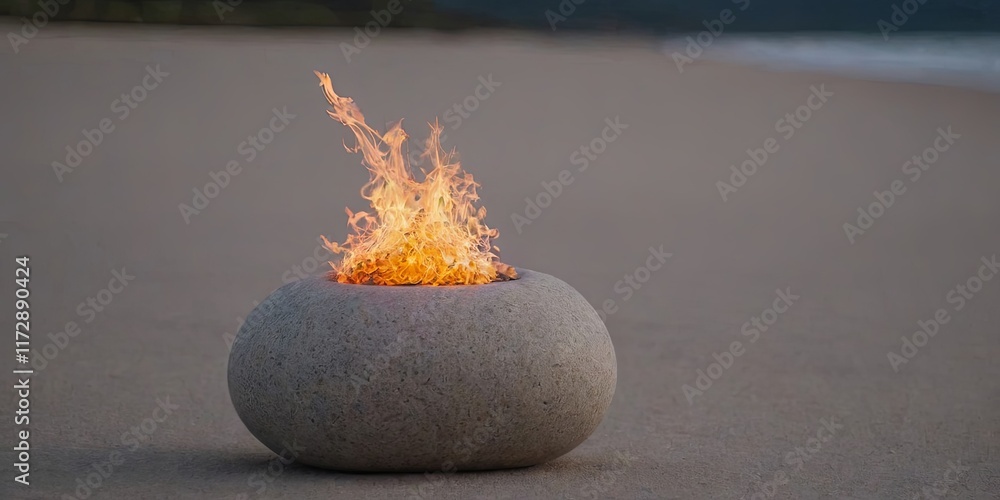 Poster a large rock with a fire in it on a beach