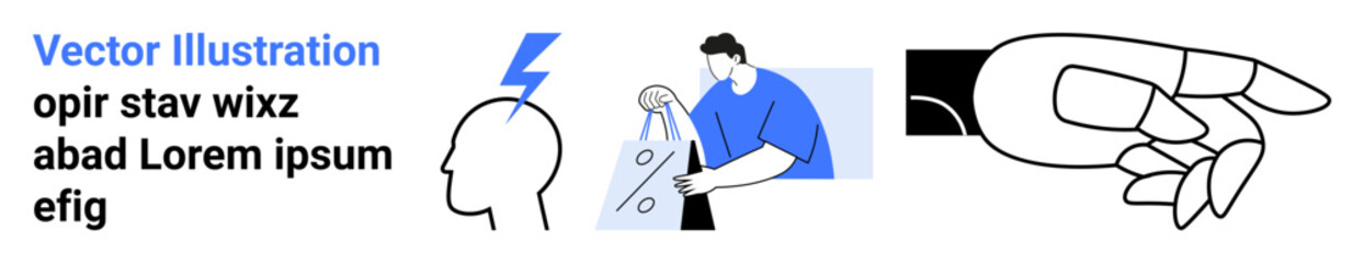 Man interacting with smartphone holding shopping bags, person with light bulb above head symbolizing idea, hand pointing forward. Ideal for e-commerce, innovation, direction, decision-making