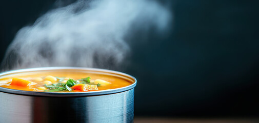 close up of steaming soup in metal can, showcasing vibrant colors and fresh ingredients