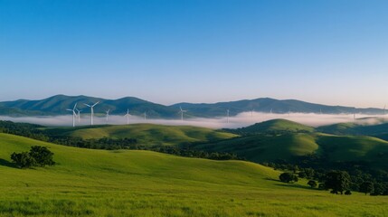 Obraz premium Scenic Landscape of Lush Green Hills with Wind Turbines in Background