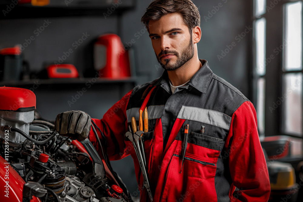 Poster mechanic working with engine parts in workshop
