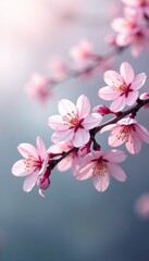 Obraz premium Branch of cherry blossoms sways gently in the breeze amidst a soft pink and white hue of spring fog, misty, gentle