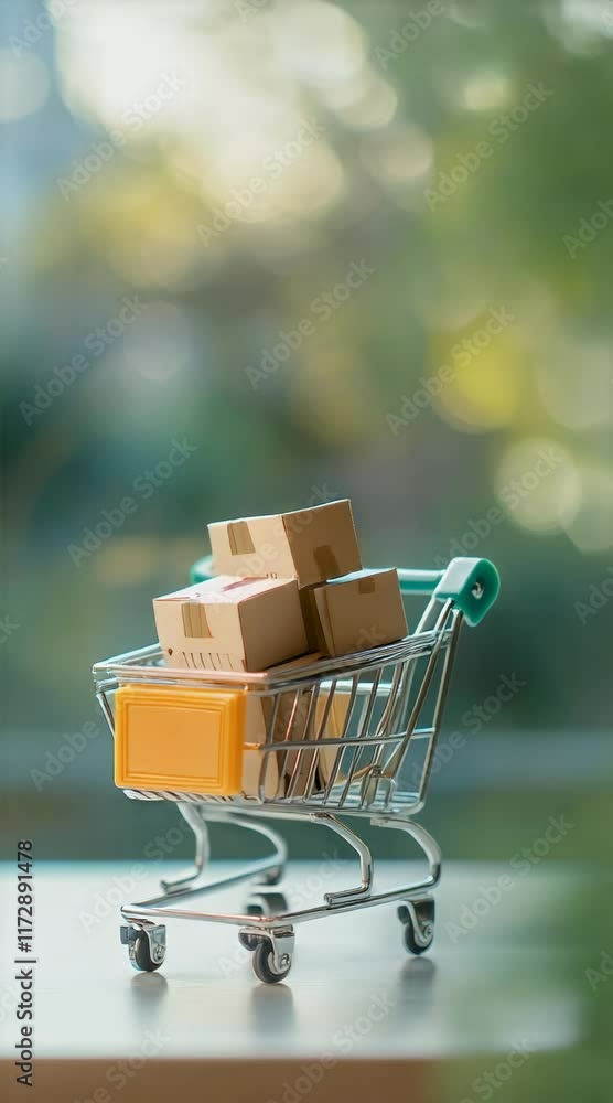 Poster miniature shopping cart filled with cardboard boxes sits on a table, symbolizing the increasing popu
