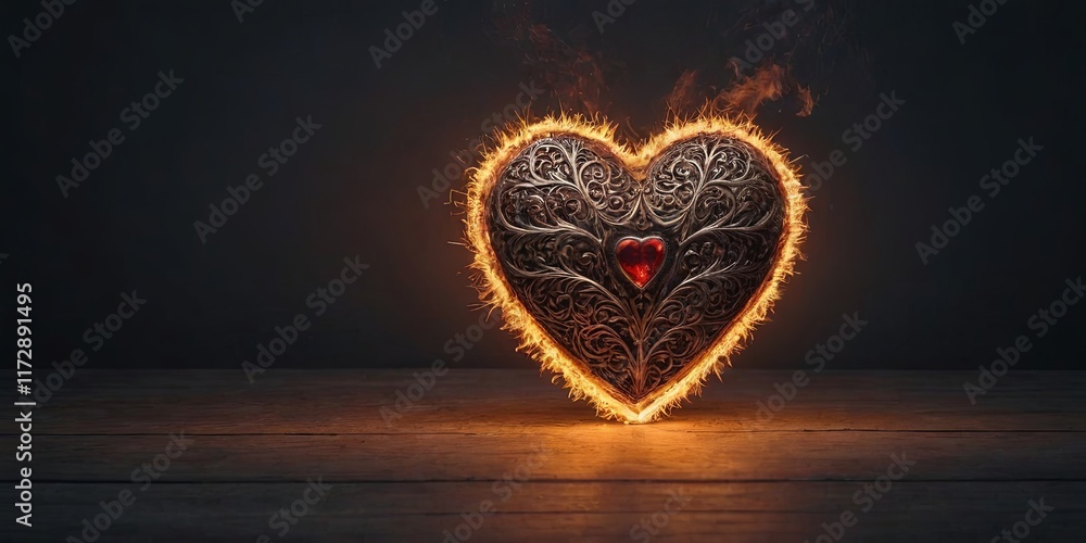 Poster a heart with a red stone in the center is lit up with fire