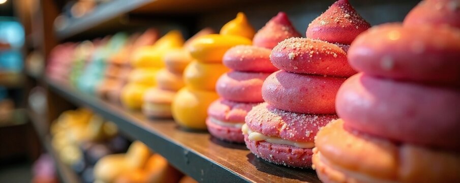 Colorful sweets stacked on a shelf in sweet shop, Matlock, sweet shop, confectionery
