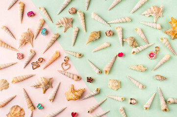 Seashells and jewelry on pastel pink and green background. Pastel flat lay featuring seashells and...