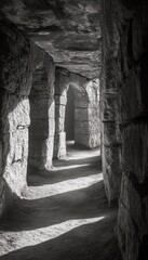Obraz premium Sunlight streams into a mysterious stone passageway, illuminating the rough-hewn walls and arched doorways.