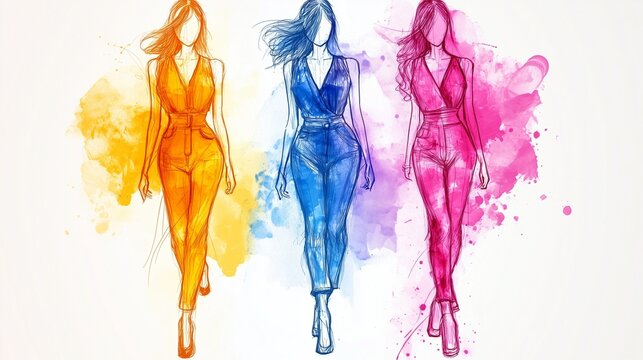 fashion sketches: colorful women walking clip art preview