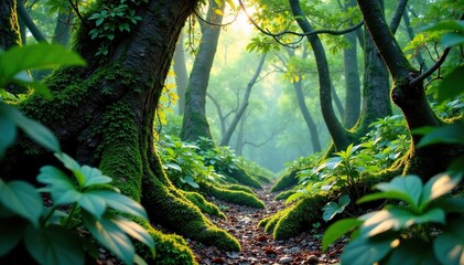 Dense undergrowth with epiphytes clinging to tree trunks, jungle, verdant, nature