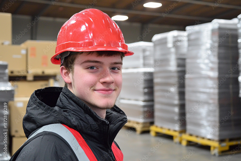 Poster warehouse worker in helmet preparing for tasks