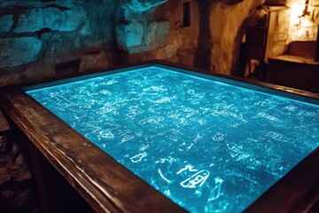 Illuminated table with ancient-style markings in a stone room.