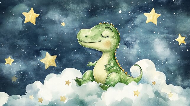 Green baby dinosaur sitting on clouds, stars. Isolated hand drawn Watercolor illustration. Tyrannosaurus rex dinos for design children's room, kid's goods, posters, baby shower cards