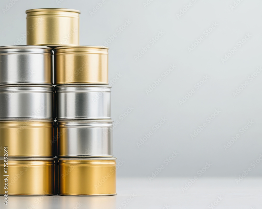 Poster Stack of shiny tin cans reflecting soft light, creating modern aesthetic