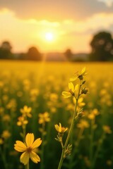 Fototapeta premium Golden light illuminates the yellow rapeseed flowers in the fading sunlight, countryside, evening, yellow